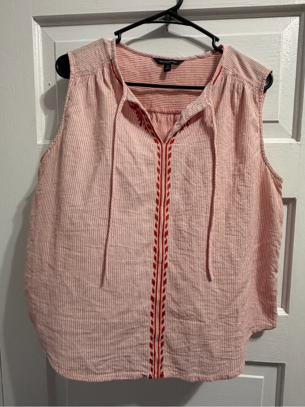 Banana Republic Pink Striped Sleeveless Tie-Neck Tank with Red Embroidery